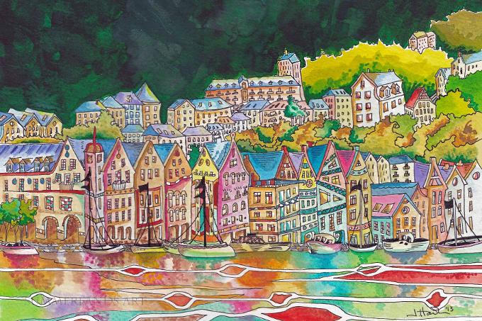 Bergen Waterside watercolour pen gilded embellished gold framed unframed