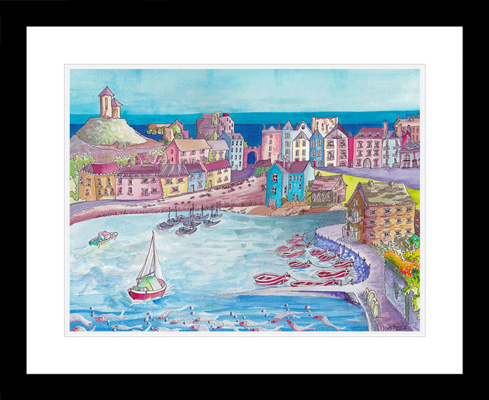Bobbing Boats Tenby print Black Frame