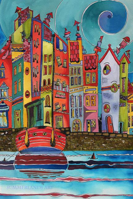 Harbourside - pen and watercolour dye