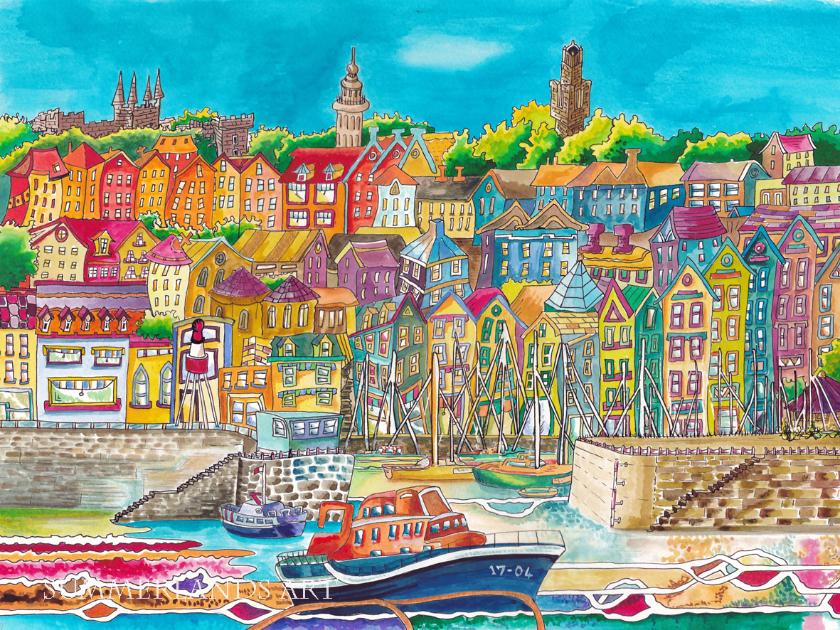 St Peter Port Harbour pen and watercolour painting unframed