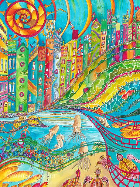 Swim to greet the sun pen and watercolour painting unframed