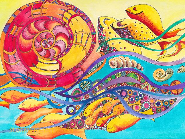 The Rolling Sea pen and watercolour painting unframed