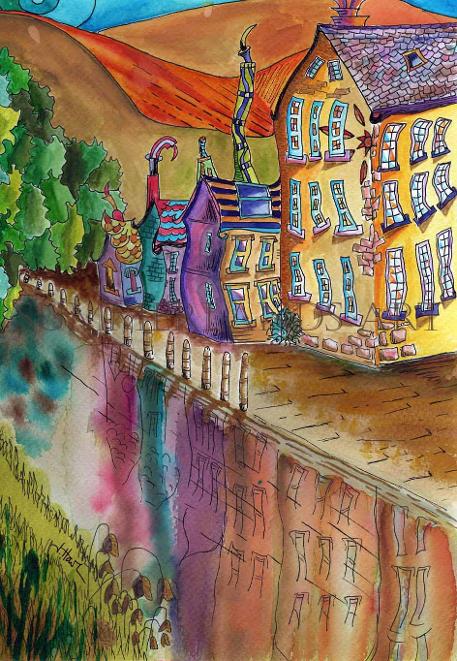 Painting of Hebden Bridge - pen and watercolour dye